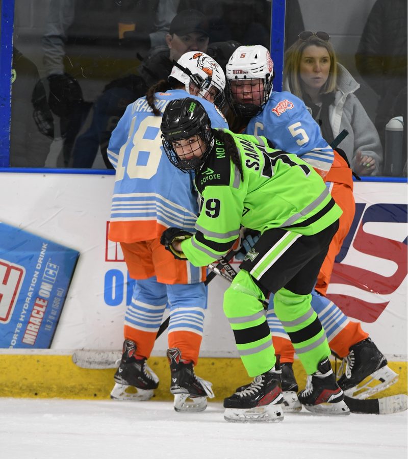 Cameron Cadena defending in front of the net